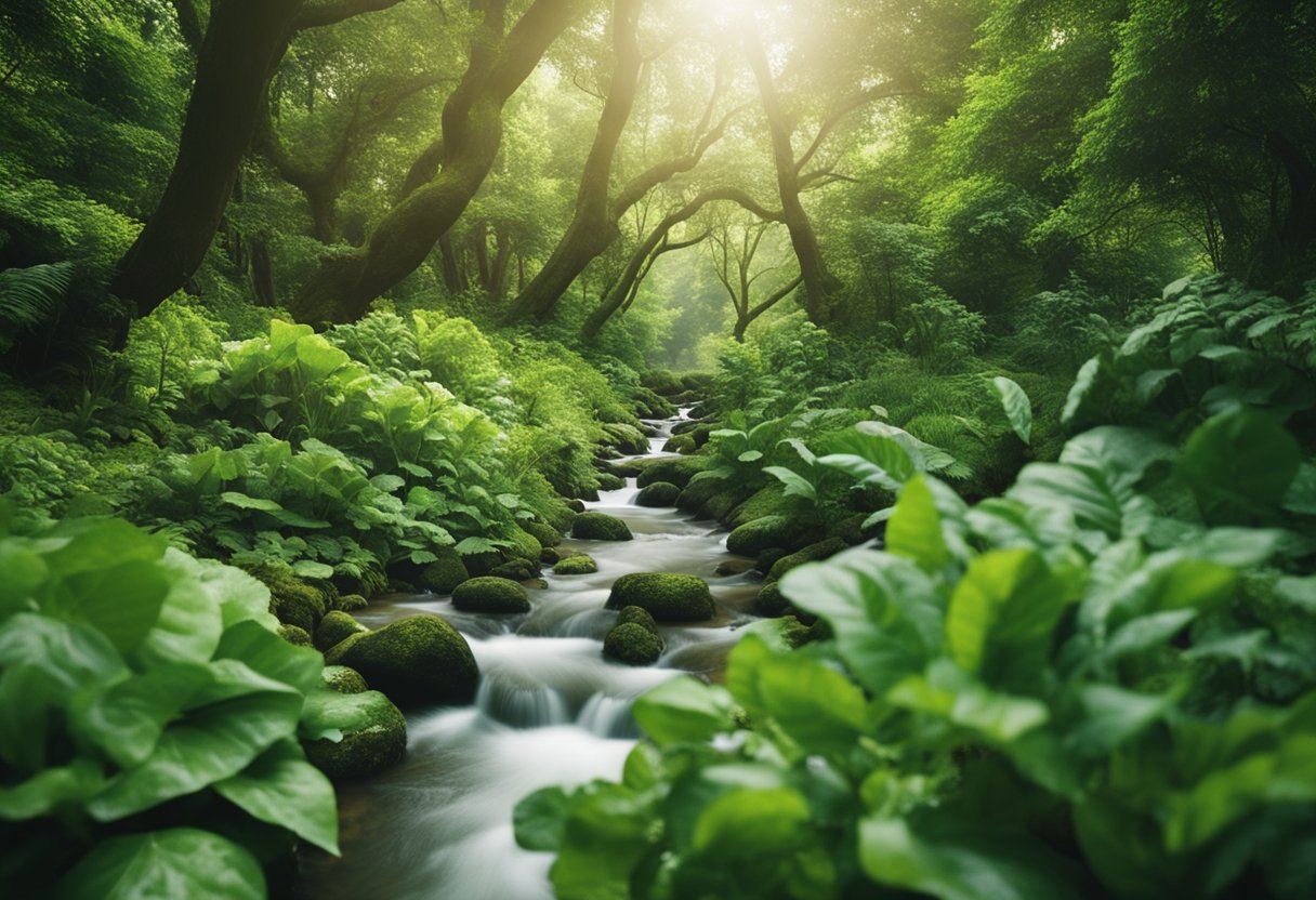 trees in forest with running water 