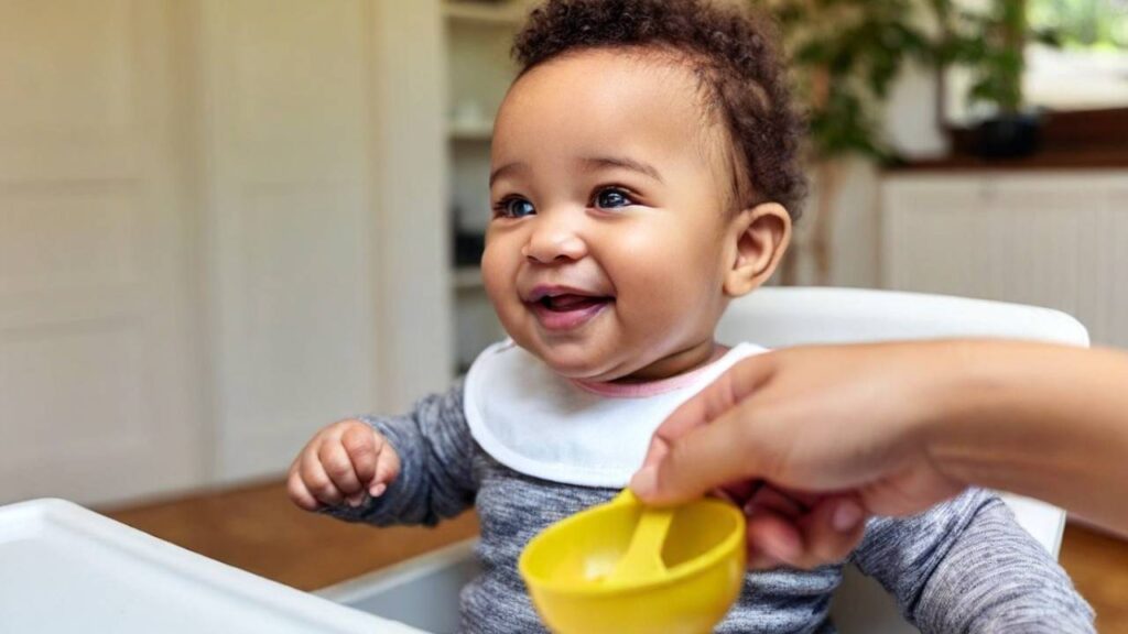 baby eating baby food in high chair
