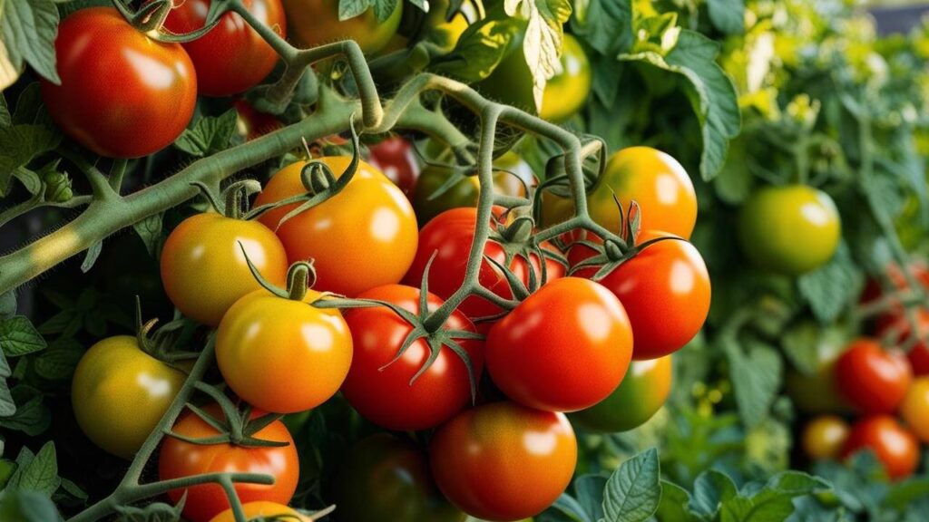heirloom tomatoes on a vine from organic seeds