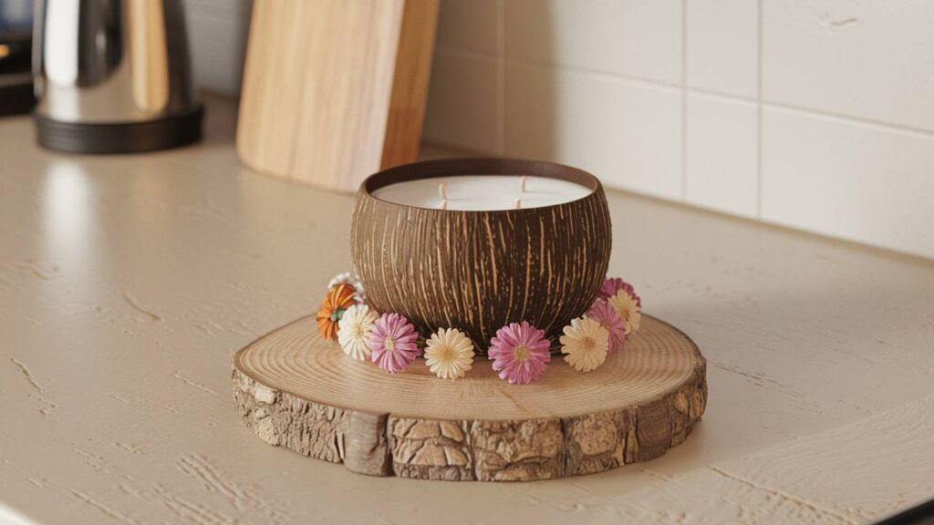 coconut shell candle on wood base in kitchen